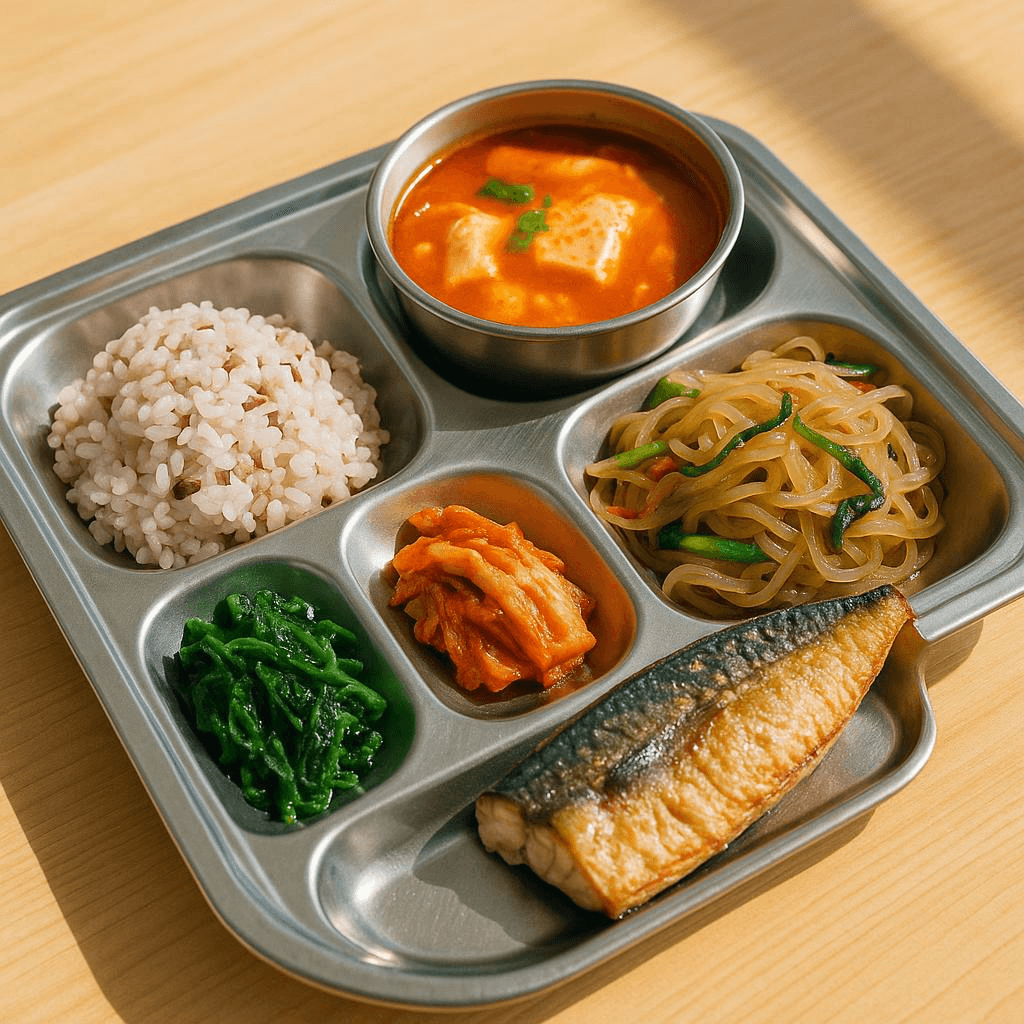 대표 급식 트레이 — 차조밥·육개장·고등어조림·잡채·김치·무생채